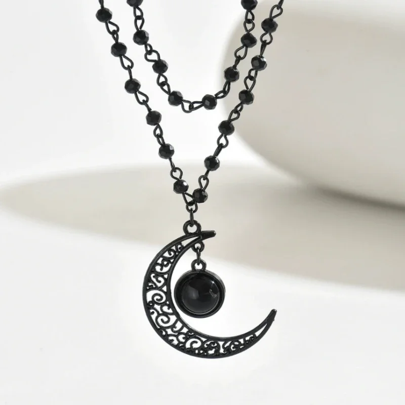 Gothic Layered Crescent Moon P - Layered Pendant Necklace Aesthetic ulasan dan harga
