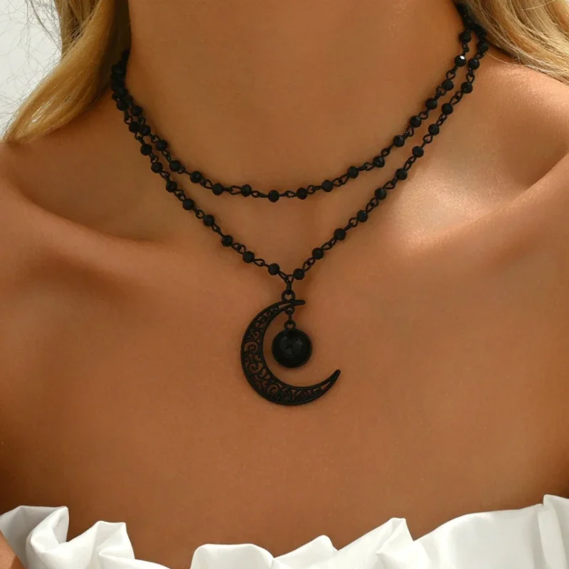 Gothic Layered Crescent Moon P - Layered Pendant Necklace Aesthetic ulasan dan harga