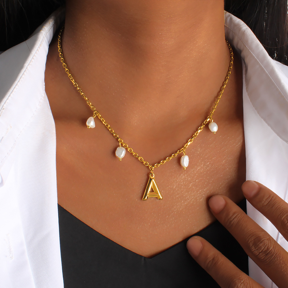Initial Letter Pearl Pendant N - Initial Letter Necklace 18K Gold ulasan dan harga